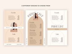 three different designs to choose from for the price list and pricing sheet, with text below