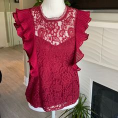 Brand New Maroon Lace Blouse. Sleeveless! Chic Pink Lace Top For Party, Pink Sleeveless Top For Date Night, Sleeveless Lace Top Blouse For Night Out, Feminine Sleeveless Blouse For Date Night, Party Lace Top Sleeveless Blouse, Sleeveless Lace Top For Date Night, Pink Sleeveless Blouse For Night Out, Sleeveless Lace Top Blouse For Parties, Red Sleeveless Top For Date Night