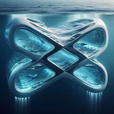 an artistic rendering of a futuristic building in the water with lights on it's sides