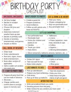 a birthday party checklist with lots of things to do for the kids and adults