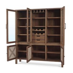 an open wooden cabinet with wine bottles in the door and shelves on both sides, against a white background