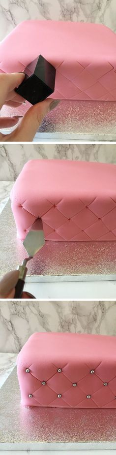 the process of painting a pink bench is shown