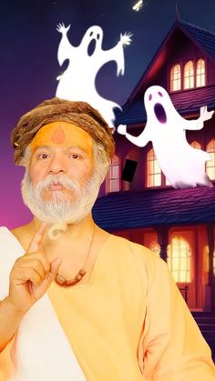 an old man in front of a house with ghost decorations on it's face