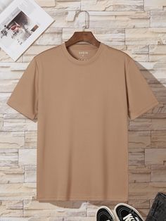 Camel Basics Collar Short Sleeve Polyester Plain  Embellished Medium Stretch Summer Men Tops Plain Tee Shirts, T Shirt Design Template, Men Tshirt, Shirt Template, Plain Shirt