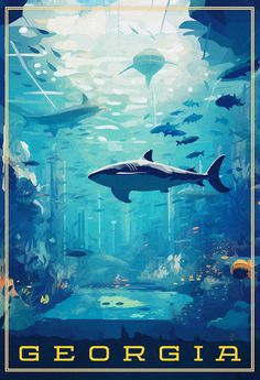 an underwater scene with sharks and other animals