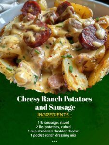 an advertisement for cheesy ranch potatoes and sausage ingredients on a plate with bread