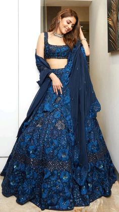 Blue Color Wedding, Blue Color Lehenga, Navy Blue Lehenga, Lehenga Choli Latest, Chic Prom Dresses, Choli Dress, Stitched Lehenga, Blue Lehenga