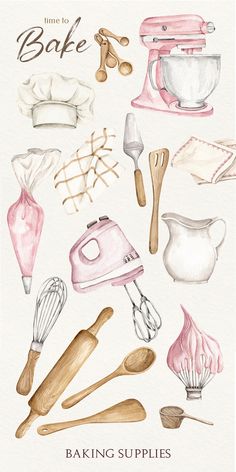 watercolor illustration of baking supplies and utensils