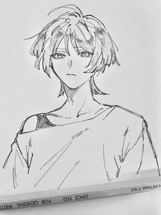 a pencil drawing of an anime character with short hair and bangs, looking to the side