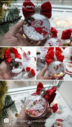 the christmas ornament is being held by someone's hand and decorated with red bows