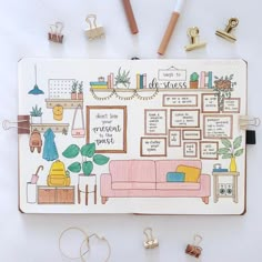 an open notebook with various items on it