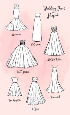 wedding dress styles for brides and grooms on pink watercolor background with handwritten text