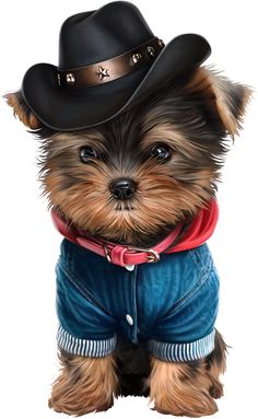 a small dog wearing a cowboy hat and jeans