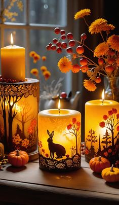 three lit candles sitting on top of a table next to pumpkins and other decorations