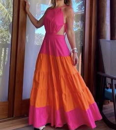 Creative Neckline Design, Vestido Boho Chic, Orange And Pink, African Fashion Dresses, Classy Dress, Moda Fashion, Simple Dresses, Stylish Dresses, Look Fashion