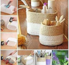 various pictures of different items in baskets