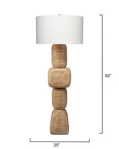 a wooden lamp with a white shade on the base and measurements for each light fixture