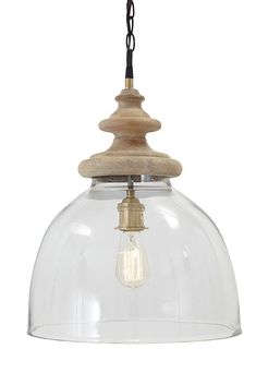 a clear glass light hanging from a ceiling fixture with a wooden frame and black cord