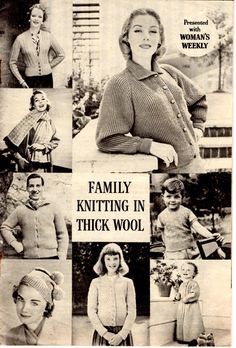 an advertisement for knitting in thick wool featuring women's sweaters, hats and scarves