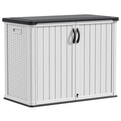 a white and black storage cabinet