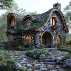 a stone house with plants growing on it's roof and windows, in the woods