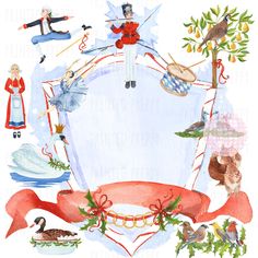 a watercolor painting of people and animals around a round frame with ribbon, bow, tree, bird, wreath, snowman, ice skateboard