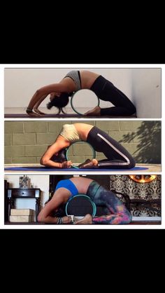 three different pictures with one woman doing yoga