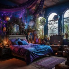 a bedroom decorated in purple and blue with lots of plants on the walls, windows, and rugs