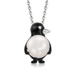 Ross-Simons - 8-8.5mm Cultured Pearl, Black Enamel Penguin Pendant Necklace. 18". An RS exclusive. What a cute style! Our adorable penguin pendant necklace comes to life wearing an 8.8.5mm cultured freshwater button pearl and black enamel. Crafted in polished sterling silver. Suspends from a cable chain with a 2" extender. Lobster clasp, black enamel and white pearl penguin pendant necklace. Pearl birthstones are the perfect gift for June birthdays. Penguin Pendant, Pearl Birthstone, Necklace Pearl, Cute Penguins, Cute Style, Fine Jewellery Necklace, Black Enamel, White Pearl, Cultured Pearls