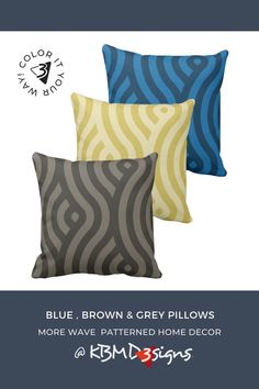 three blue, brown and grey pillows on a white background with the text color shop