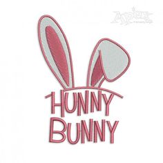 a bunny ears with the words funny bunny on it's back in pink and white