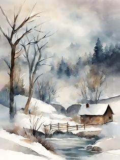 a watercolor painting of a snowy landscape with a house in the foreground and a stream running through it