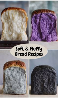 four different types of bread with the words soft and fluffy bread recipes