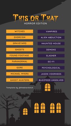 an info sheet showing the different types of halloween decorations in front of a house with bats and pumpkins on it