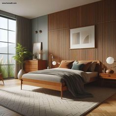 a bed room with a neatly made bed next to a large window and a potted plant