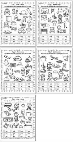 four worksheets with pictures of different objects and words in the form of numbers