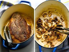 two pictures show the same pan with mushrooms and meat in it, one is being cooked