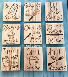 six wooden coasters with words on them that say, what is the best time to bake?