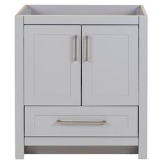 a white cabinet with two doors and drawers on the bottom, in front of a white background