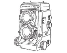 an old camera drawn in black and white with the words mammama on it