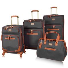 Travel lighter than ever with this 4-piece softside luggage set. The softside design can collapse a bit to fit more easily into tight spaces (compared to hardside); The lightweight construction helps you adhere to airline weight restrictions and avoid unneeded airport fees which make it best suitcase for domestic and international travel. The interior has great organization as well as tie down straps so your clothes dont move around. Spinner wheels make it wasy to glide through the airport. Luggage Ideas, Black Suitcase, Vegan Purse, Casual Handbags, Travel Bag Set, Stylish Luggage, Designer Luggage, Lightweight Suitcase, Packing Luggage