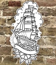 a sticker with a ship in the middle of it on a brick wall background