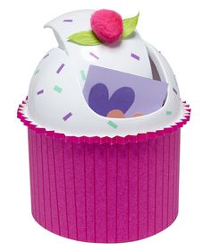 a pink cupcake with sprinkles and a flower on top is shown