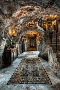 a large area rug in the middle of a room with stairs and chandeliers