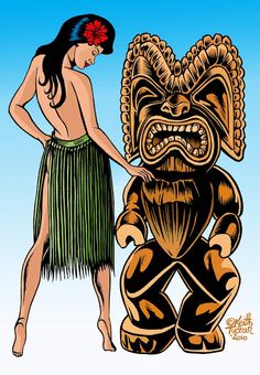 a woman standing next to a large wooden tiki statue in front of a blue sky