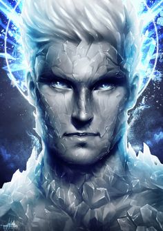 an image of a man with white hair and ice on his face, surrounded by lightning