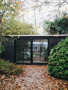 a black building with glass doors in the middle of leaves on the ground and trees around it