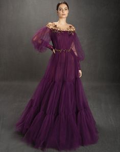 Fairy Gown, Teuta Matoshi, Sparkle Gown, Gold Evening Dresses, Purple Gowns, Evening Dresses With Sleeves, Long Sleeve Evening Dresses, Fantasy Dress, Evening Dresses Elegant