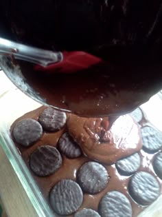 a pan filled with chocolate covered cookies on top of a counter