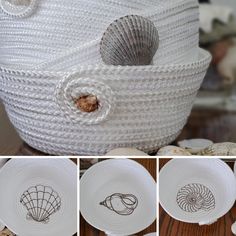 four pictures show the inside of a basket with shells and seashells in it